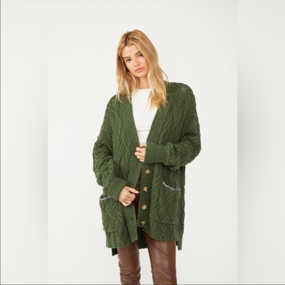 Free People Montana Cable Knit Cardigan Forest Green - Picture 1 of 4